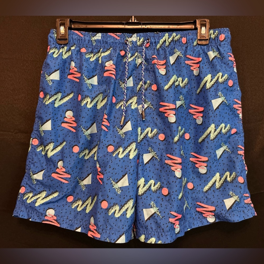 Broken Threads Retro 80s Blue Swim Trunks Shorts Men’s XL Pockets Drawstring